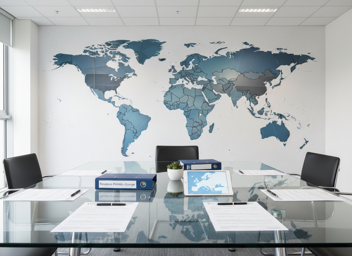 A large, contemporary world map printed in cool blue and gray tones stretches across a clean white wall in a modern office meeting room. In the foreground, a glass-topped conference table holds organized stacks of visa application forms, a dark blue binder stamped “Residence Permits – Europe”, and a slim tablet displaying a simplified Schengen area map. Soft, even overhead office lighting and diffused daylight from an unseen window create a bright, neutral ambiance with minimal shadows. Photographic, wide-angle composition with sharp focus throughout, emphasizing clarity, precision, and an international, professional atmosphere aligned with expert European visa and residence services.