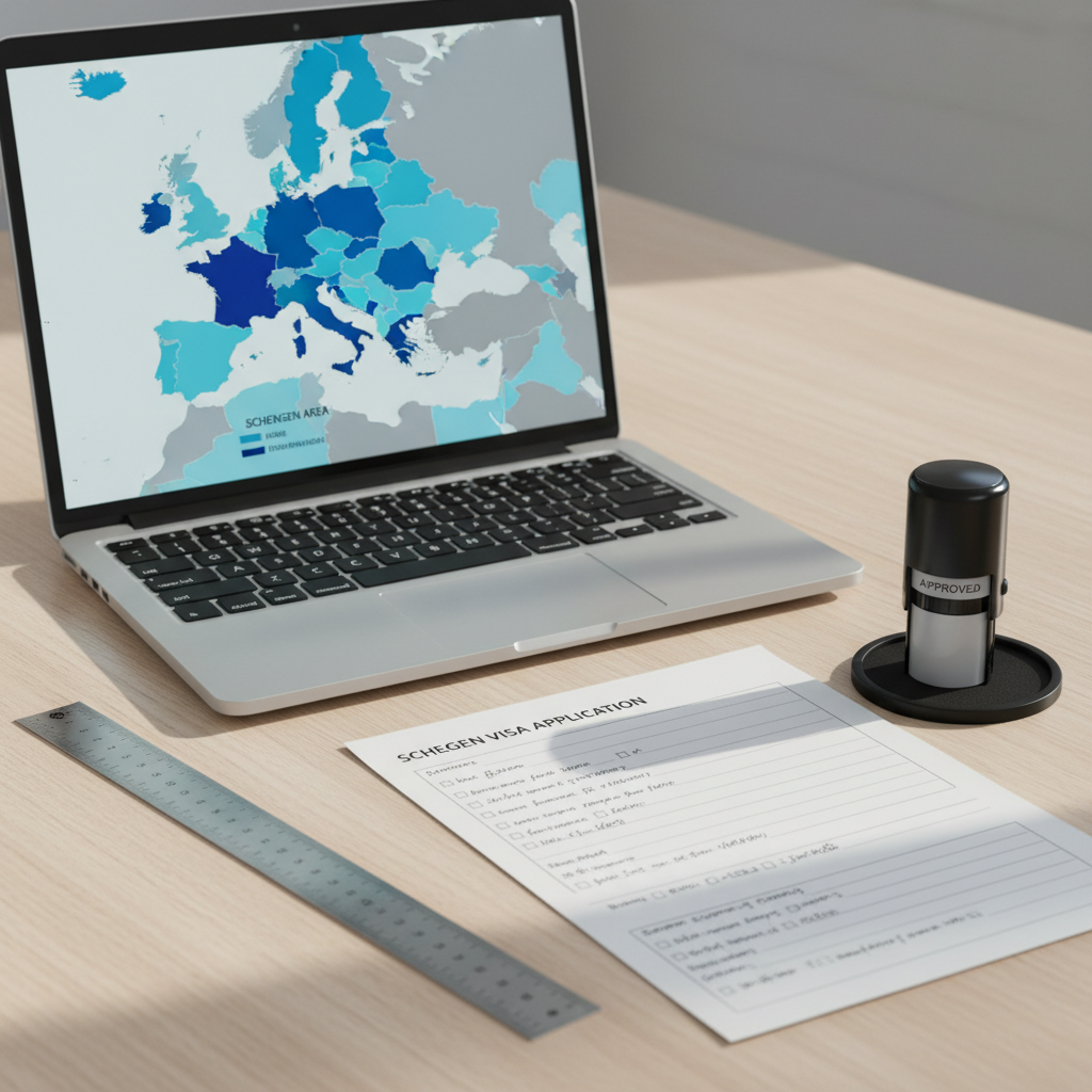 A detailed close-up of an open laptop on a tidy wooden desk, its screen displaying a map of Europe with highlighted Schengen countries, stylized in professional blues and soft grays. Next to the laptop lies a neatly filled visa application form with visible but non-legible fields, accompanied by a precise metal ruler and a black ink stamp resting on a small ink pad. Natural daylight from the right side casts soft, directional light, creating delicate shadows under the stationery and subtle highlights along the laptop’s edge. Photographic style, captured from a slightly elevated angle with moderate depth of field, evoking accuracy, structure, and expert support in visa and residence permit procedures.