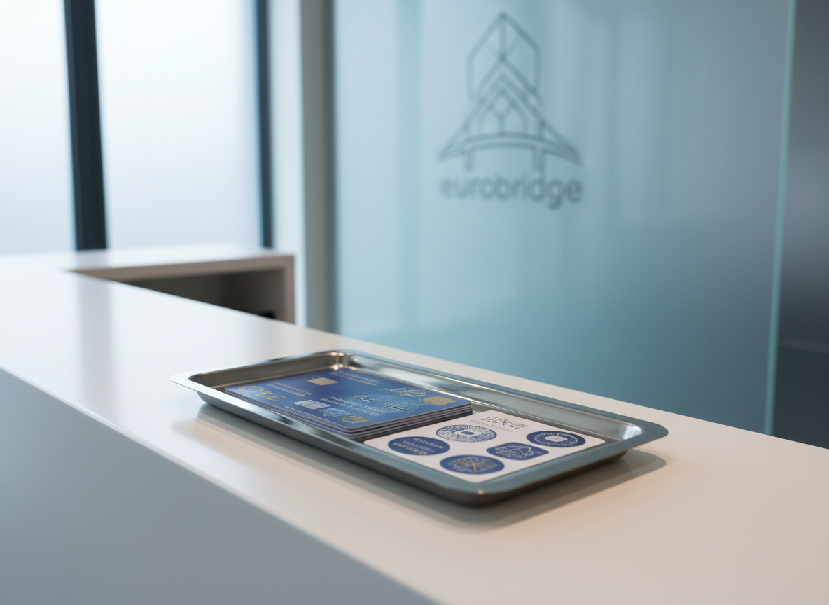 A close-up of a polished stainless steel card tray on a minimalist white reception counter, holding neatly arranged mock residence permit cards and visa approval stickers in European blue and gold color schemes. Behind the counter, a frosted glass panel subtly displays the Eurobridge logo abstractly suggested through geometric lines and bridge-like shapes, without readable text. Cool, diffused daylight from a side window creates soft reflections on the metal tray and gentle gradients on the glass. Photographic realism, eye-level framing with a shallow depth of field, keeps focus on the tray while the background softly blurs, communicating discretion, high-end service, and a calm, efficient visa processing environment.