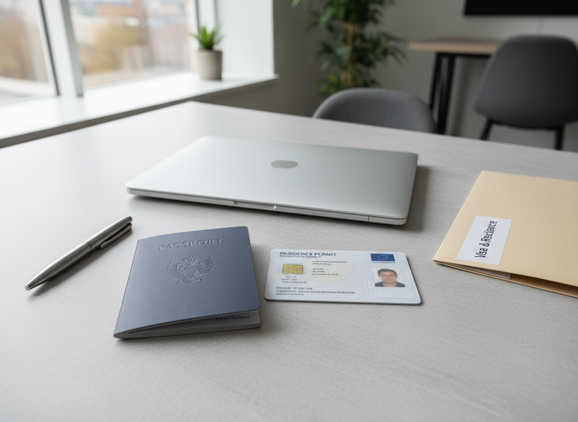 A sleek navy-blue passport with a subtle embossed emblem lies open beside a biometric residence permit card on a smooth light gray desk, both documents crisp and pristine. Around them, neatly arranged, are a silver metal pen, a closed minimalist laptop, and a slim folder labeled “Visa & Residence”. Soft daylight from a nearby window washes over the scene, creating gentle reflections on the laminated card surface and faint shadows under the documents. Photographic realism, shot from a slightly elevated, eye-level angle with sharp focus on the documents and a mildly blurred background, conveying professionalism, order, and trust within a modern European visa consultancy setting.